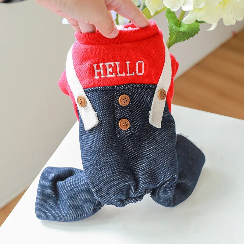 Hello Dog Jump Suit With Denim Pants Thicken Poodle Winter Overall Clothing