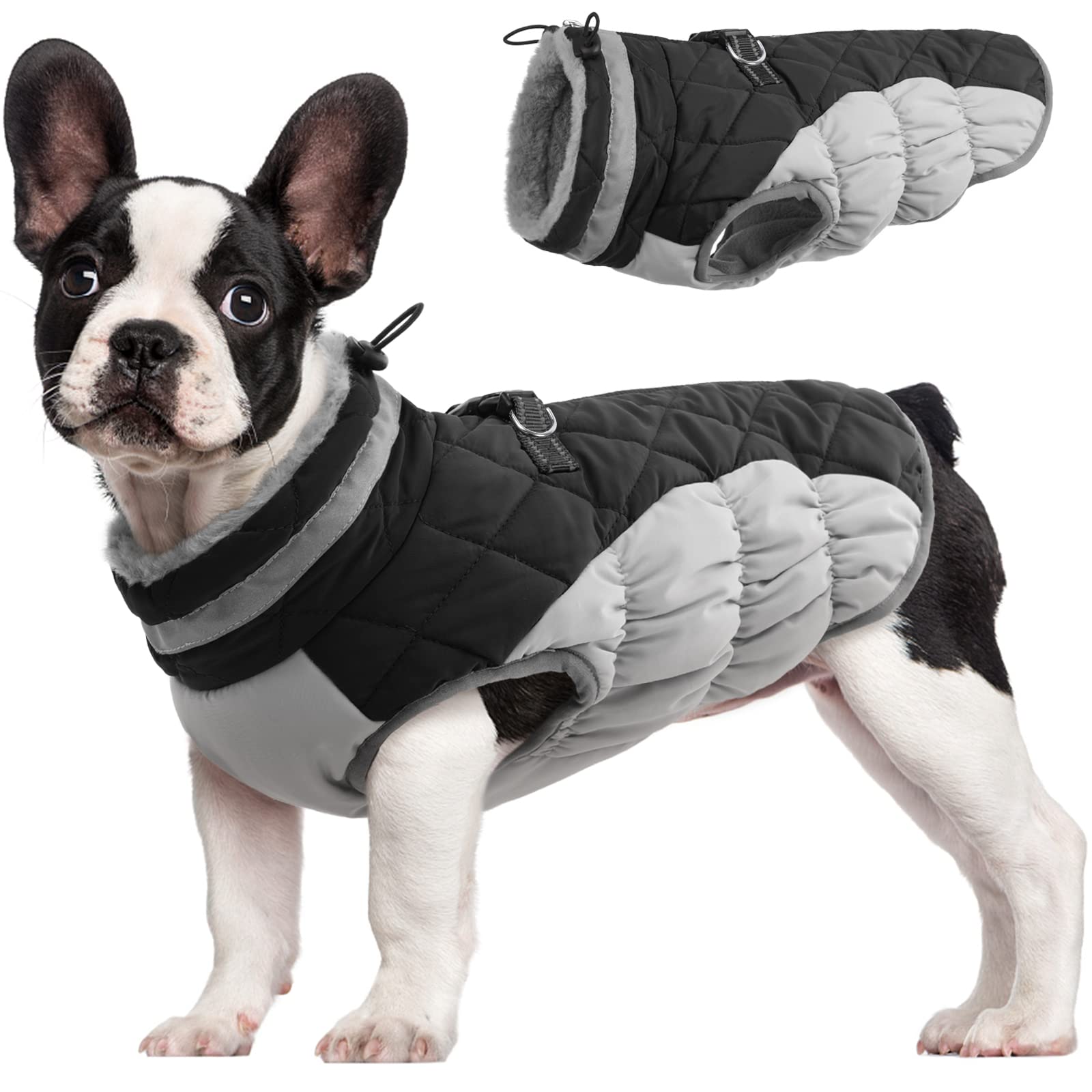 Warm Winter Dog Jacket with Built-in Harness Waterproof Windproof Reflective Fleece Vest with Zipper